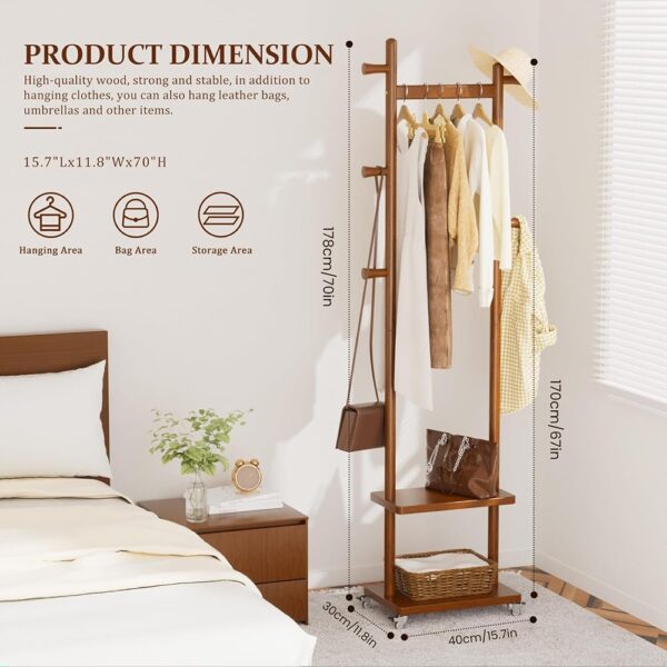 2 Solid Wood Coat Rack with Wheels Shelves Hooks Freestanding Organizer
