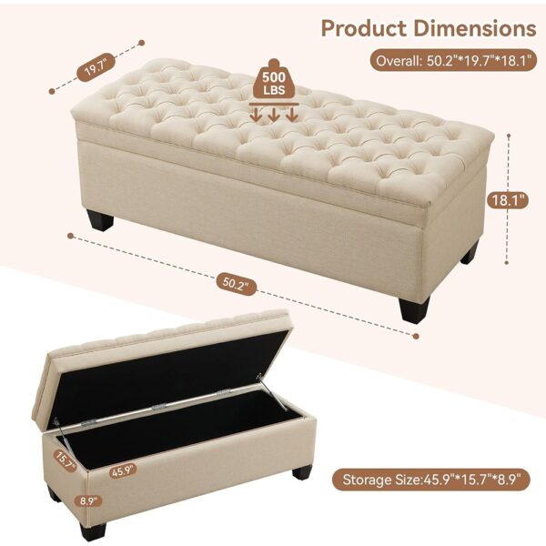 2 Tufted Fabric Storage Ottoman Bench with Wood Legs Khaki