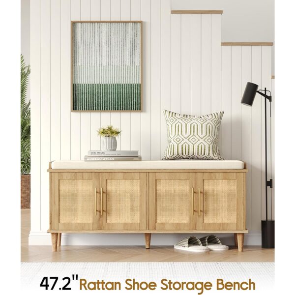 Rattan Shoe Storage Bench with Cushion Adjustable Shelves Oak