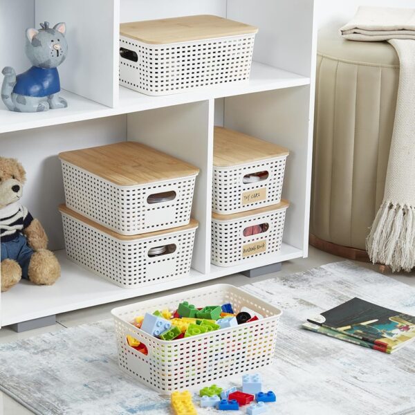 2 Plastic Storage Bins with Bamboo Lids Stackable Organizer Containers Set