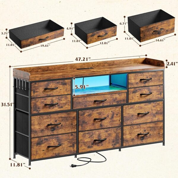 Long Dresser TV Stand Eleven Drawer Storage with LED Power Shelves