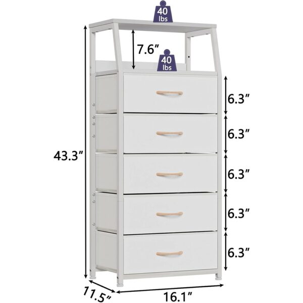 3 White Fabric Dresser Five Drawer Storage Tower with Wood Top