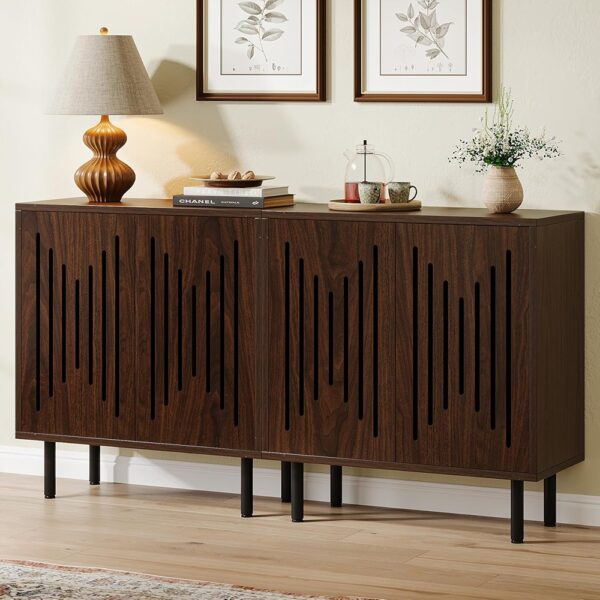 Set Two Sideboard Buffet Cabinets with Storage Adjustable Shelves Brown