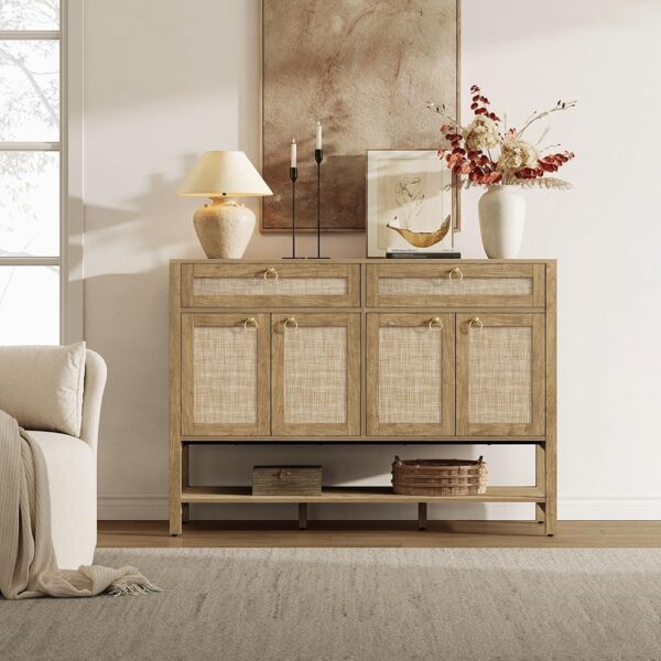 Rattan Sideboard Buffet Cabinet Four Door Storage with Drawers Console