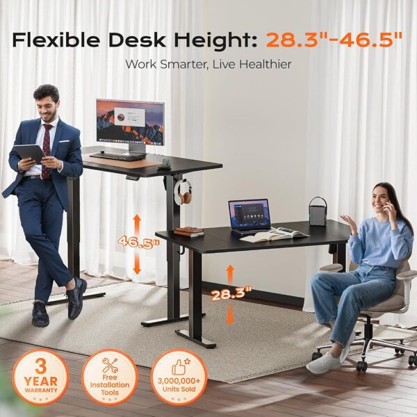 3 Electric Standing Desk Adjustable Height Computer Table with Presets Hooks
