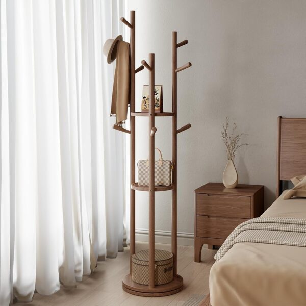 3 Solid Wood Coat Rack Stand with Shelves Hooks Freestanding Organizer