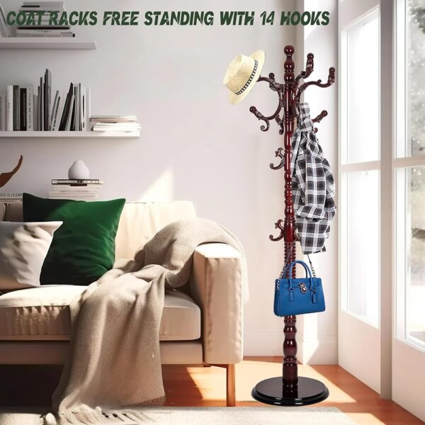 Wooden Coat Rack Stand with Hooks Adjustable Height Freestanding Organizer