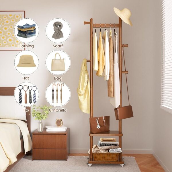 3 Solid Wood Coat Rack with Wheels Shelves Hooks Freestanding Organizer