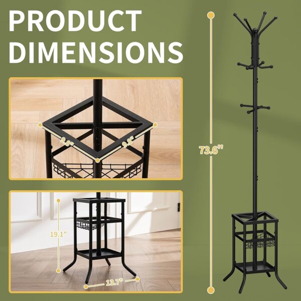 3 Metal Coat Rack Stand with Hooks Umbrella Holder Freestanding Organizer