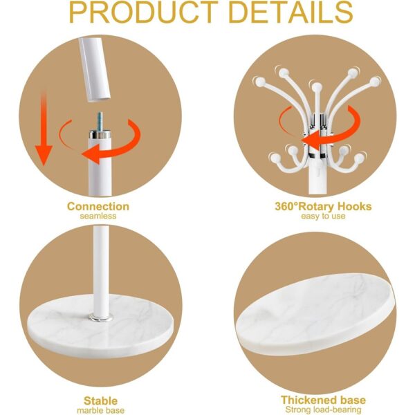 Rotating Metal Coat Rack Stand with Marble Base Hooks