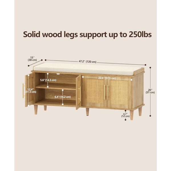 Rattan Shoe Storage Bench with Cushion Adjustable Shelves Oak