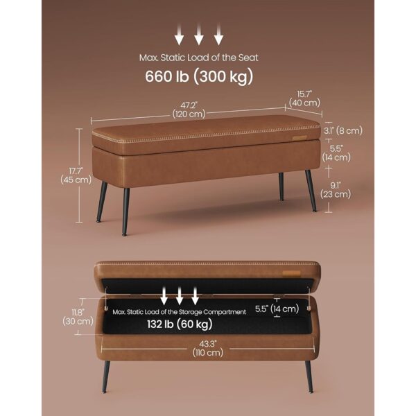 Mid Century Storage Ottoman Bench Synthetic Leather with Hinges Brown