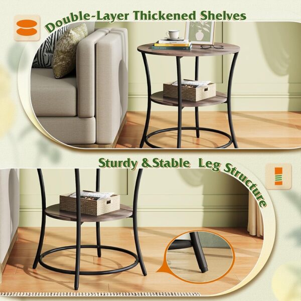 Round Side Table with Storage Shelves Metal Frame Nightstand