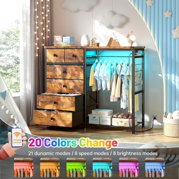 4 Wide Dresser with Hanging Rack Fabric Drawers LED Charging Station