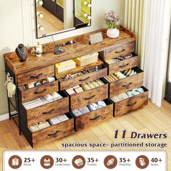 Long Dresser TV Stand Eleven Drawer Storage with LED Power Shelves