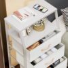 4 White Fabric Dresser Five Drawer Storage Tower with Wood Top