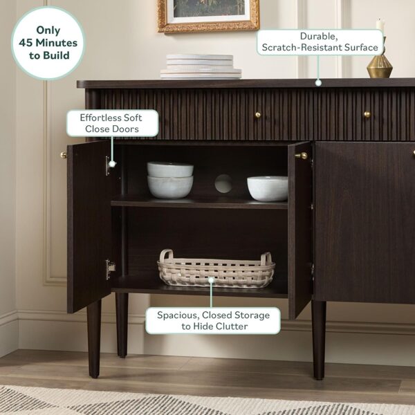 Modern Fluted Wood Sideboard Buffet Storage Cabinet Dark Brown Oak