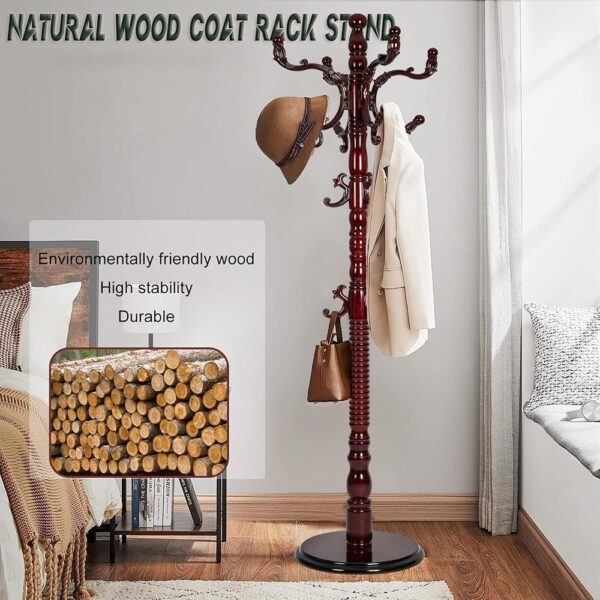 Wooden Coat Rack Stand with Hooks Adjustable Height Freestanding Organizer