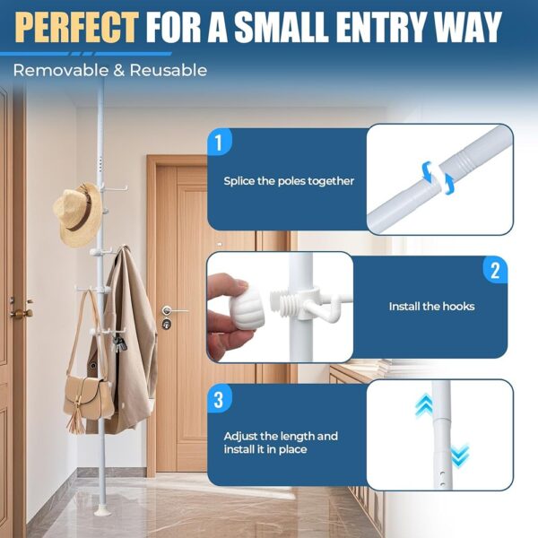 4 Corner Coat Rack Tension Rod Stand with Hooks Adjustable Organizer