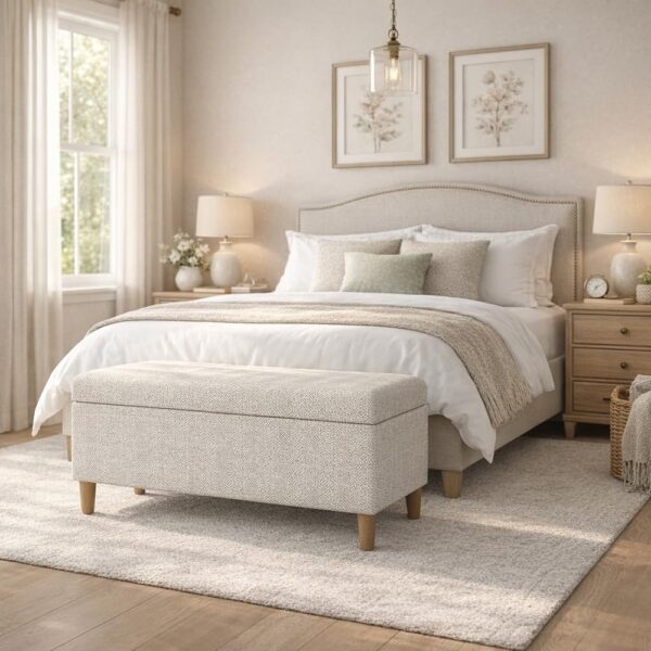 Cream Chevron Woven Storage Bench Decorative Upholstered Seating