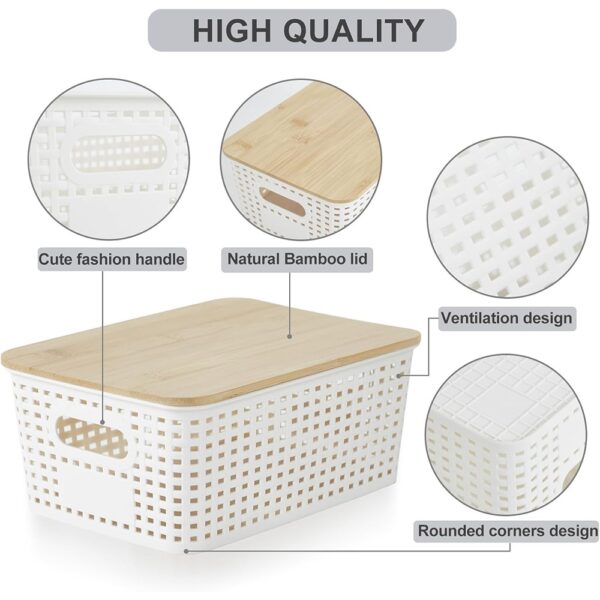 4 Plastic Storage Bins with Bamboo Lids Stackable Organizer Containers Set