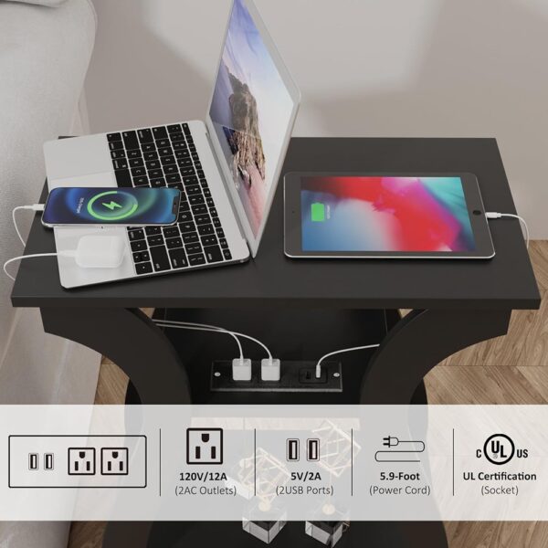 Black End Table Set with Charging Station USB Shelf Storage